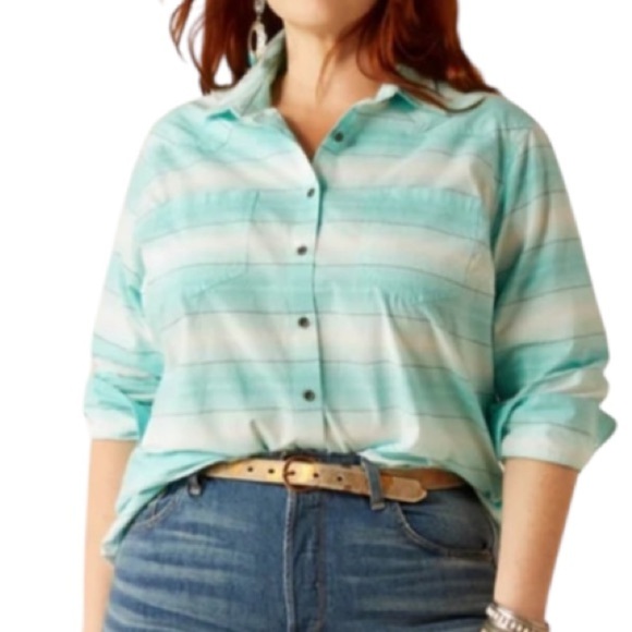 EUC Ariat Relaxed Fit Women’s Button Down Turquoise White Stripe size 1X - Picture 1 of 10